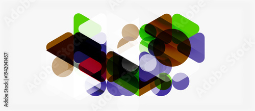 Abstract geometric shapes overlap, creating colorful translucent patterns. Composition features varied sizes, angles, hues.