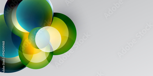 Abstract circles overlap, creating vibrant color blends. Gradient shades transition from green to blue, yellow, white. Minimalist design.