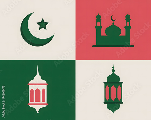 Set of vector islamic design elements and mosque icons featuring elegant architecture, religious symbols, and silhouettes of famous monuments like the Taj Mahal with domes and towers