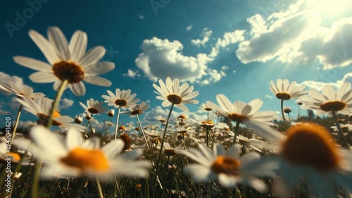 Sunny meadow with blooming white daisies and fluffy clouds in blue sky.