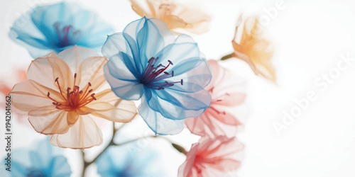 A vibrant cluster of translucent, stylized flowers in shades of blue, peach, and pink, floating against a clean white backdrop, with a dreamy, ethereal feel