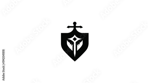 Black shield design with a sword, features a central design of a diamond shape with wing like elements