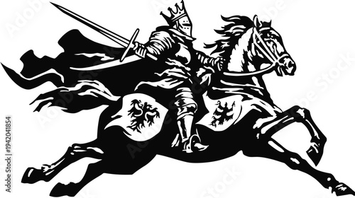 A black and white depiction of a knight in armor on a rearing horse, brandishing a sword