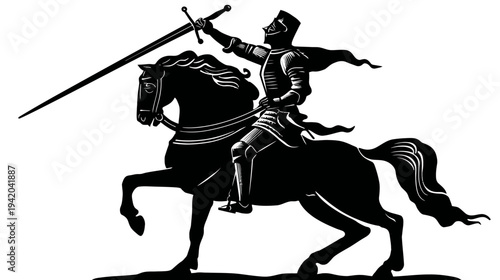 A black silhouette illustration of a knight on horseback, raising a sword