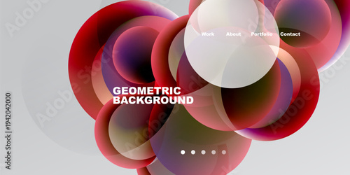 Abstract design features overlapping circles. Red, purple hues dominate dark background. Text includes geometric background, navigation options.