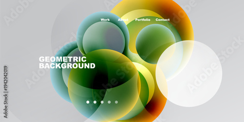 Abstract geometric design. Overlapping circles create vibrant color gradients. Text labels indicate website sections. Minimalist aesthetic.