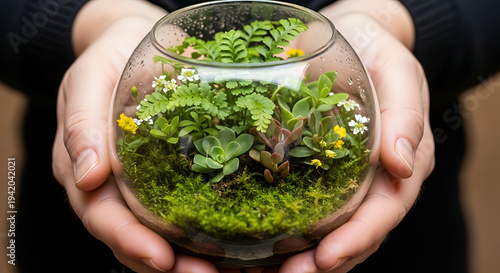 Miniature ecosystem: A person tenderly cradles a glass terrarium, a miniature ecosystem flourishing within, showcasing a vibrant display of life, representing nature.