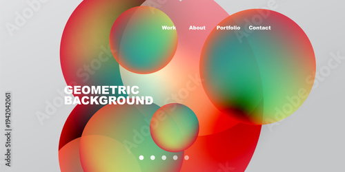 Abstract colorful shapes overlap. Text includes geometric background, navigation options work, about, portfolio, contact. Dots indicate further slides.