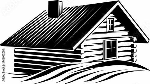 A black and white illustration of a cozy cabin with a chimney, windows, and a sloping roof