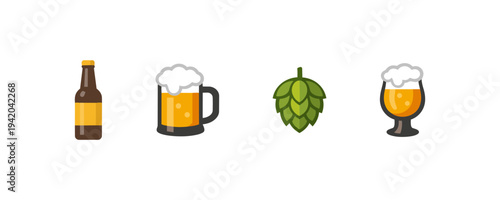 Beer Brewing Icons Set Bottle Mug Hop Glass