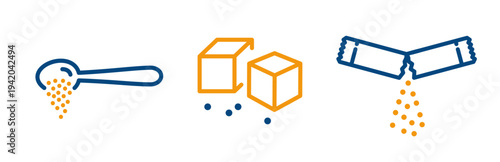sugar icons, set icon of spoon sugar, ripped packet and sugars crystals, outline editable stroke