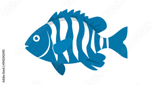Cartoon illustration of a blue fish with white stripes, fins, and a tail, isolated on a white background