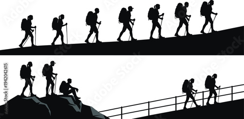 Mountain hikers and backpackers trekking silhouette set collection cad drawing flat vector illustration for outdoor adventure travel and climbing sports.