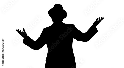 Vector silhouette of a man in a hat with hands up