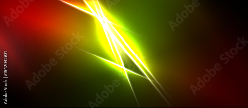 Abstract energy lines radiate from bright center. Red, yellow, green hues blend into darkness. Dynamic visual effect.