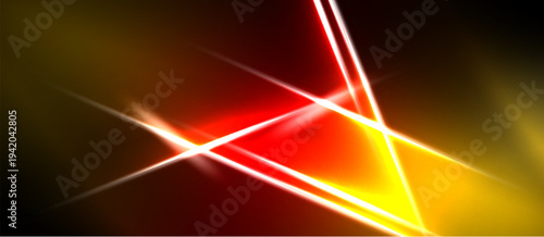 Abstract design features vibrant lines, warm colors. Red, orange, yellow hues create dynamic energy, contrasting dark background.