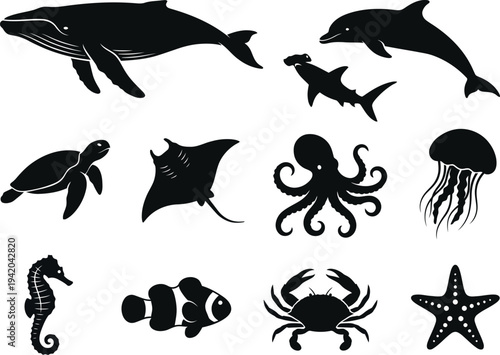 Sea animals vector silhouettes. Marine life and ocean creatures icon set