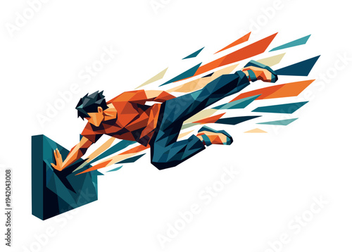 Low-poly vector illustration of a parkour athlete initiating the wall vault, explosive upward and sideways motion with elongated
