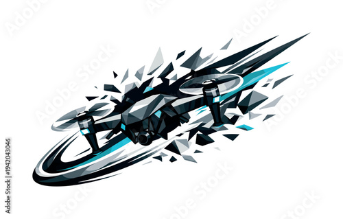 Low-poly vector illustration of a drone breaking through the swoop at maximum speed, bold angular silhouette cutting through