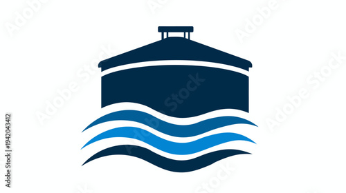 A stylized image of a water tank above blue waves, in a simplistic and modern artistic style