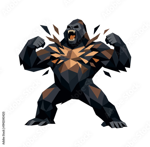 Low-poly vector illustration of a gorilla pounding its chest in a dominant display, powerful primate with sharply faceted anatomy