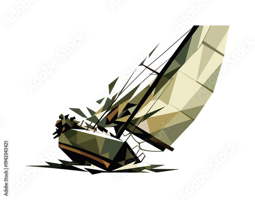 Low-poly vector illustration of a sailing boat at maximum tilt under peak wind tension, extreme angular silhouette with hull edge