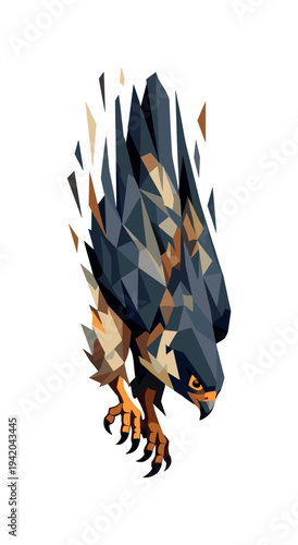 Falcon's Precision Dive. Low-poly vector illustration of a falcon executing a deadly dive strike, powerful bird with sharply