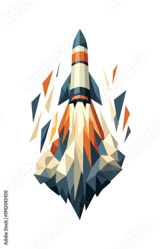 Rocket Liftoff Vector. Low-poly vector illustration of a rocket accelerating into liftoff, dynamic vertical composition with the
