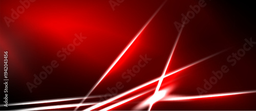 Abstract red background features dynamic light streaks. Bright lines intersect creating energetic visual impact. Dark areas provide contrast.