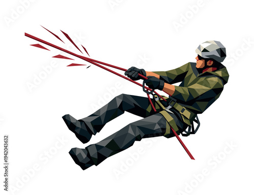 Low-poly vector illustration of a climber performing a rope rescue maneuver, single climber with sharply faceted anatomy and