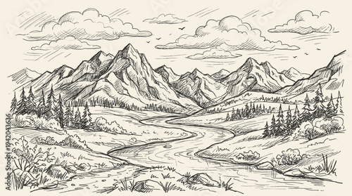 Handdrawn Mountain River Landscape Sketch with Cloudy Sky and Forest Trees