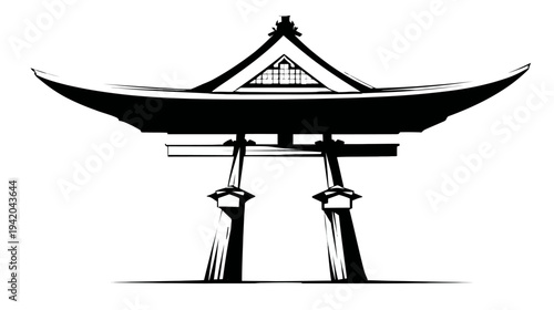 Silhouetted illustration of a traditional, ornate Japanese gate with upward-curving roof edges