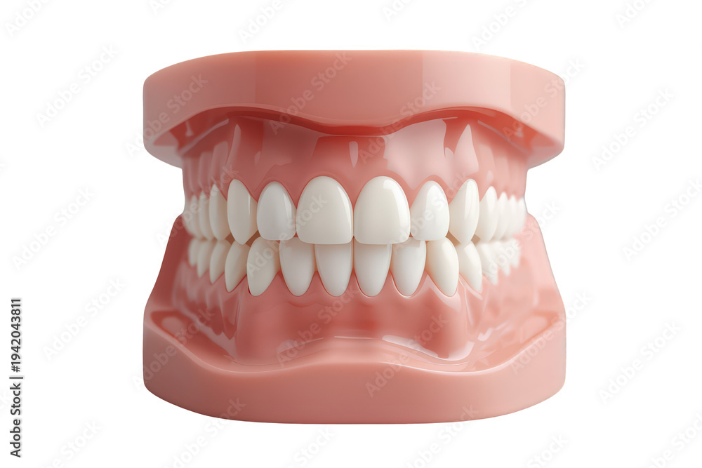 Obraz premium Dental anatomy model displaying healthy white teeth and pink gums, illustrating oral care and dentistry science with transparent background