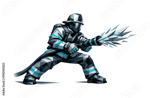 Low-poly vector illustration of a firefighter preparing to open a hose blast, wide angular stance with knees bent and torso