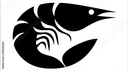 Stylized, monochrome illustration of a shrimp in a curved pose, with simplistic and sharp forms