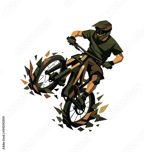 Low-poly vector illustration of a mountain biker suspended at peak height with slight imbalance, twisted angular torso and bike