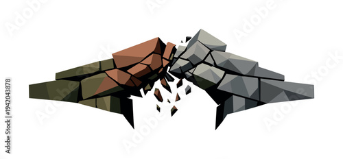 Low-poly vector illustration of bridge building blocks encountering tension, misaligned geometric blocks pressing against each