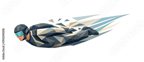 Low-poly vector illustration of a wingsuit flyer sustaining a smooth glide dive, streamlined angular posture with controlled