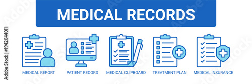 Medical Records web banner icon vector illustration concept with icons of medical report, patient record, medical clipboard, treatment plan, and medical insurance.