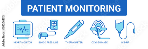 Patient Monitoring web banner icon vector illustration concept with icons of heart monitor, blood pressure monitor, thermometer, oxygen mask, and IV drip.