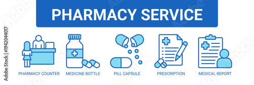 Pharmacy Service web banner icon vector illustration concept with icons of pharmacy counter, medicine bottle, pill capsule, prescription, and medical report.