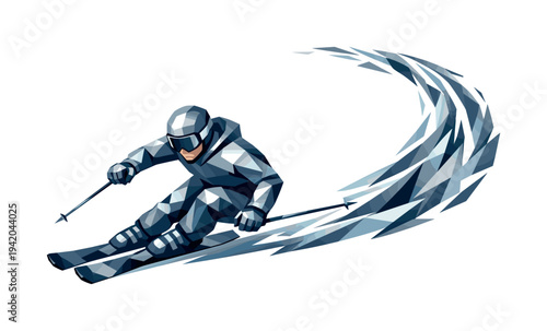 Low-poly vector illustration of a downhill skier setting up for a carve, knees bent and torso leaning forward with angular