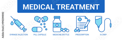 Medical Treatment web banner icon vector illustration concept with icons of syringe injection, pill capsule, medicine bottle, prescription, and IV drip.