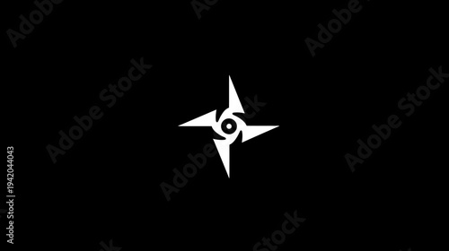A white abstract four-pointed shuriken-like design against a stark black background