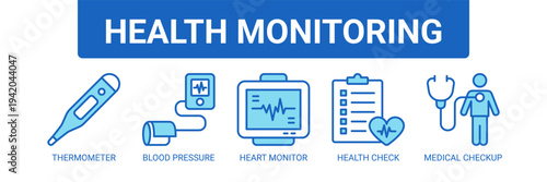 Health Monitoring web banner icon vector illustration concept with icons of thermometer, blood pressure monitor, heart monitor, health check, and medical checkup.