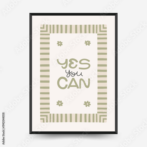 Modern minimalist poster collection featuring inspirational quotes, abstract shapes and retro typography. Stylish wall art prints with colorful graphic elements inspired by mid century modern