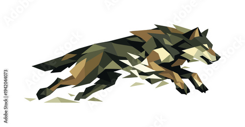 Low-poly vector illustration of a wolf mid-run under peak winter tension, extreme angular silhouette with paws barely touching