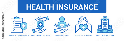 Health Insurance web banner icon vector illustration concept with icons of medical insurance, health protection, patient care, medical support, and healthcare staff.