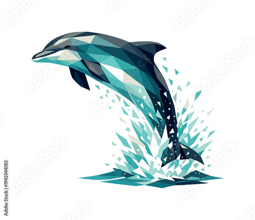 Low-poly vector illustration of a dolphin leaping powerfully out of the water with a spray burst, sleek marine animal with