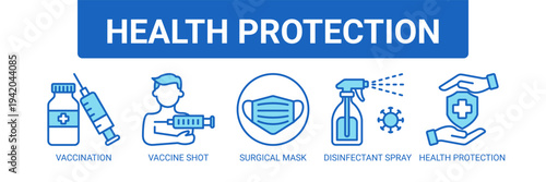 Health Protection web banner icon vector illustration concept with icons of vaccination, vaccine shot, surgical mask, disinfectant spray, and health protection.